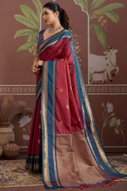 Deserving Maroon Banarasi Tussar Silk Saree With Beleaguer Blouse Piece