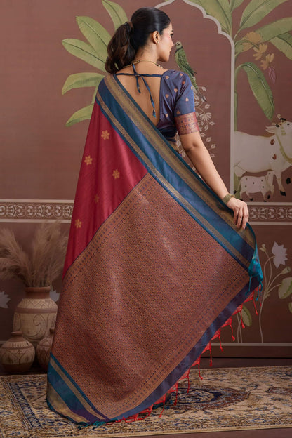 Deserving Maroon Banarasi Tussar Silk Saree With Beleaguer Blouse Piece