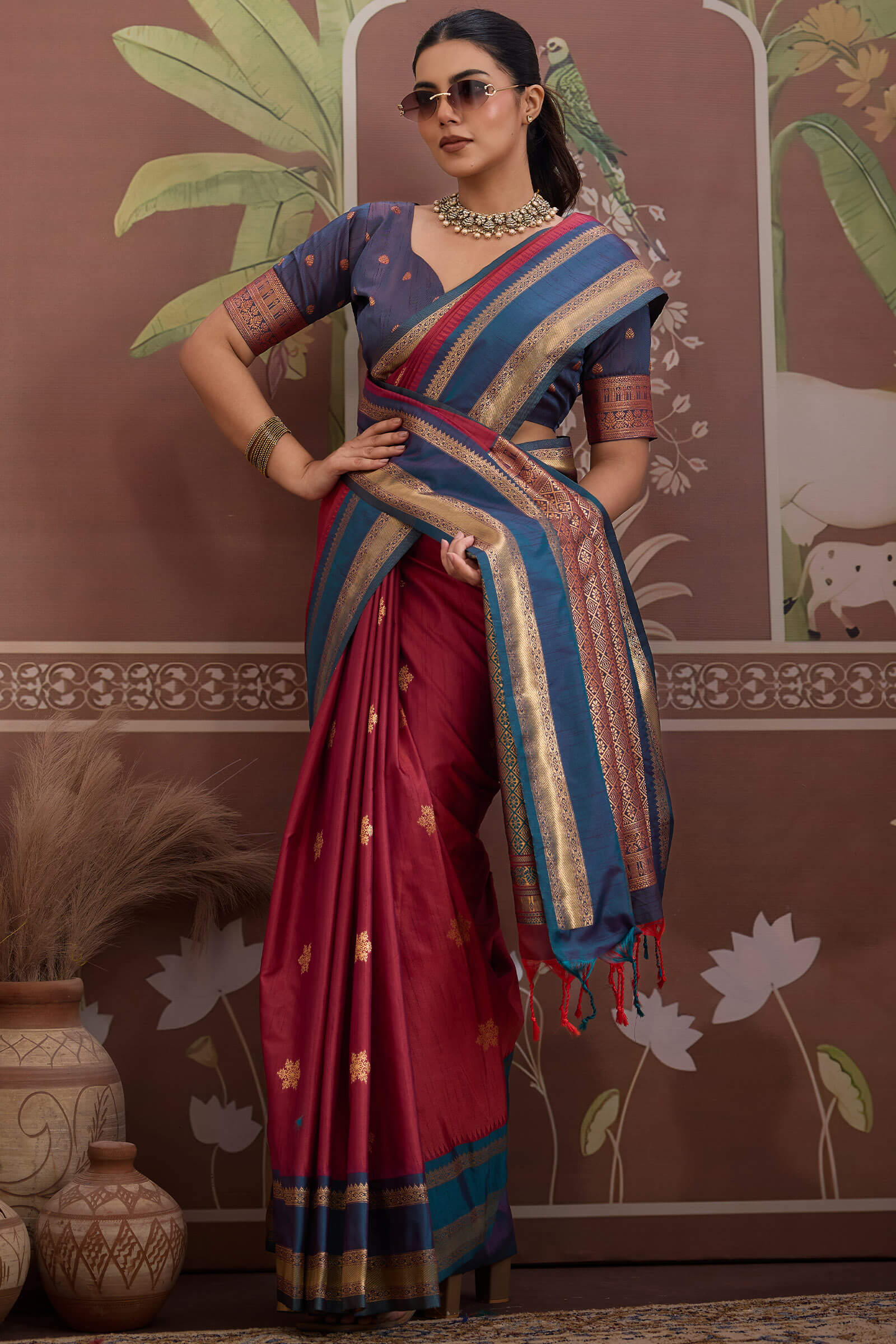 Deserving Maroon Banarasi Tussar Silk Saree With Beleaguer Blouse Piece
