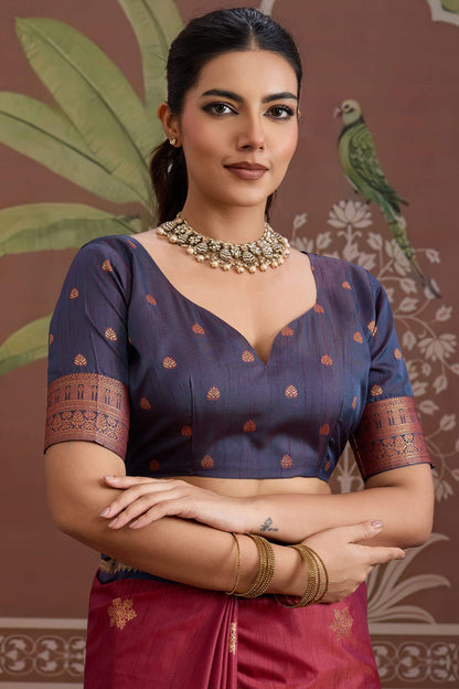 Deserving Maroon Banarasi Tussar Silk Saree With Beleaguer Blouse Piece