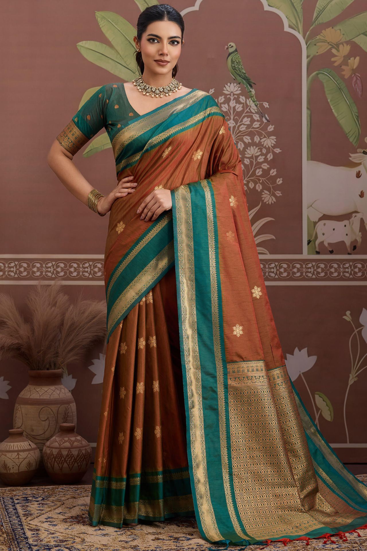 Delightful Brown Banarasi Tussar Silk Saree With Energetic Blouse Piece
