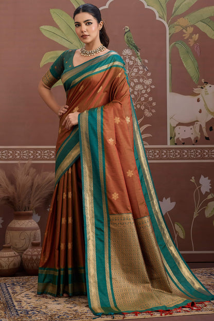 Delightful Brown Banarasi Tussar Silk Saree With Energetic Blouse Piece
