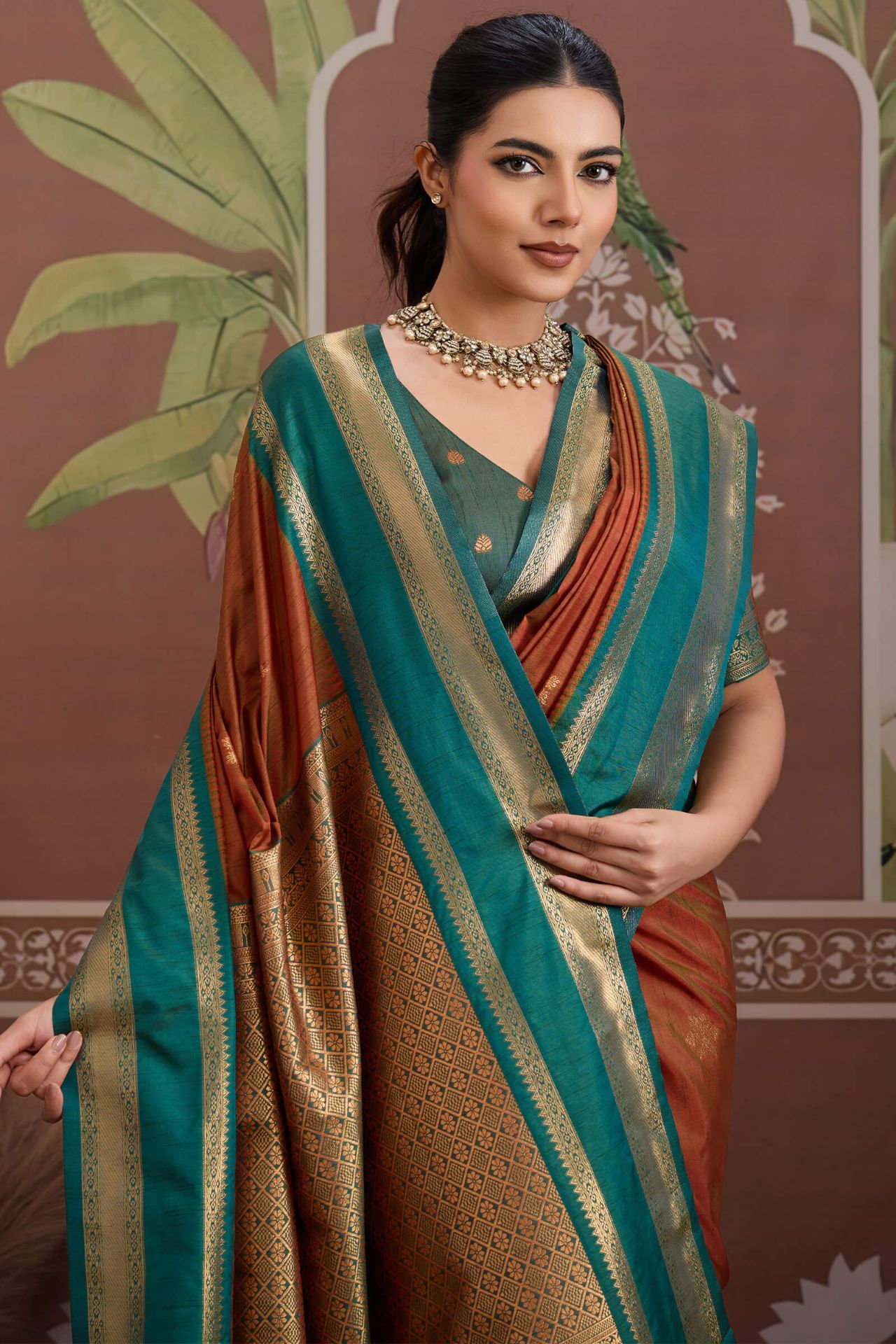 Delightful Brown Banarasi Tussar Silk Saree With Energetic Blouse Piece