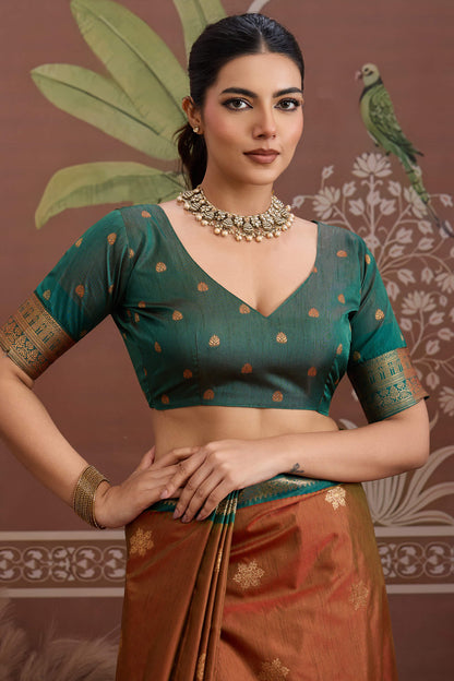 Delightful Brown Banarasi Tussar Silk Saree With Energetic Blouse Piece