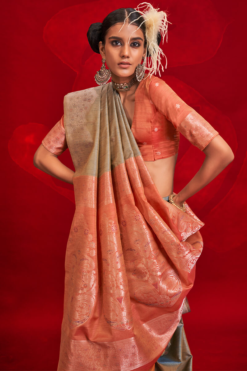 Imaginative Grey Soft Banarasi Silk Saree With Unequalled Blouse Piece