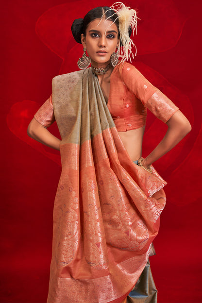 Imaginative Grey Soft Banarasi Silk Saree With Unequalled Blouse Piece