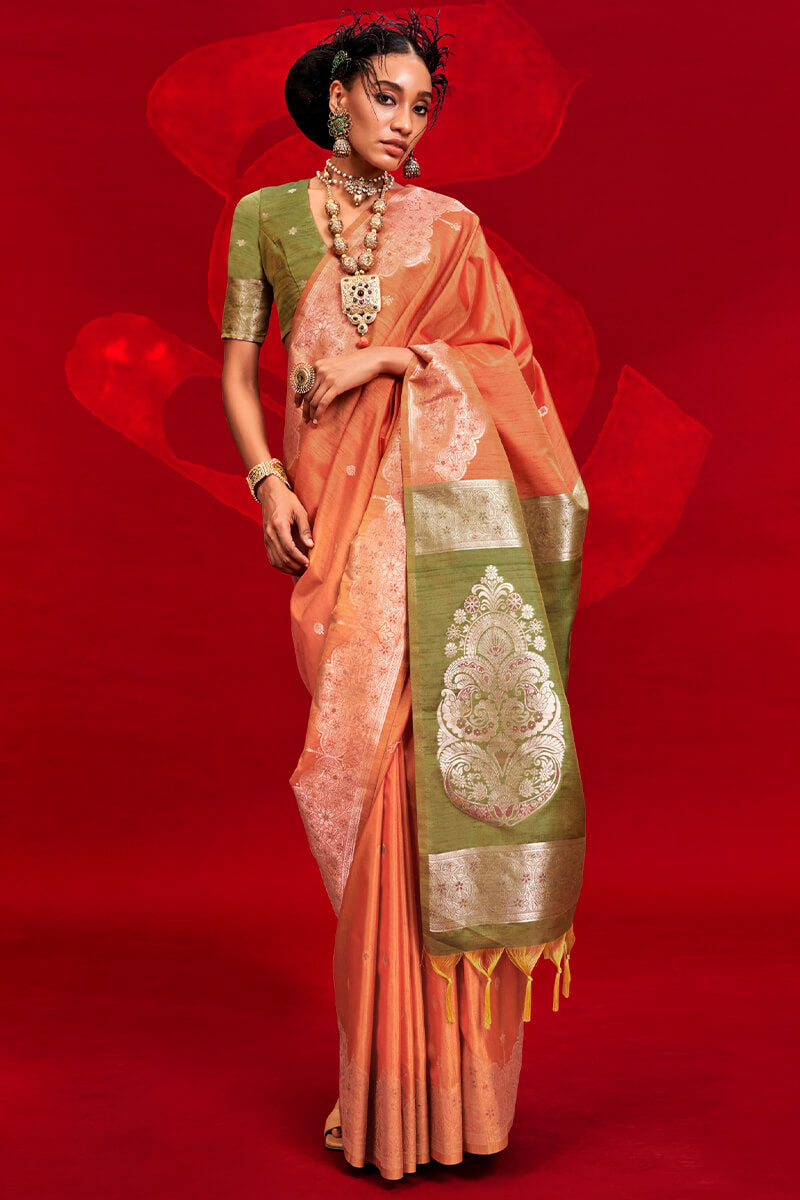 Enthralling Orange Soft Banarasi Silk Saree With Alluring Blouse Piece
