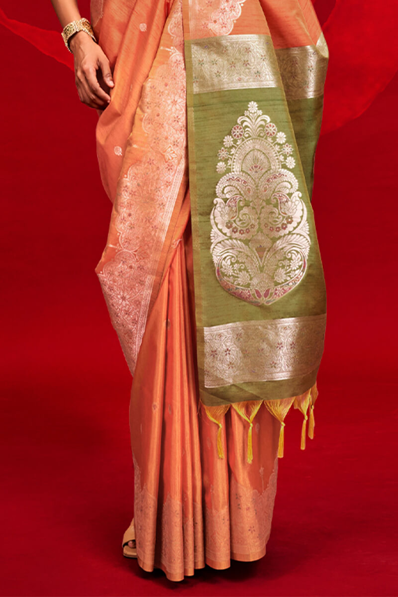 Enthralling Orange Soft Banarasi Silk Saree With Alluring Blouse Piece