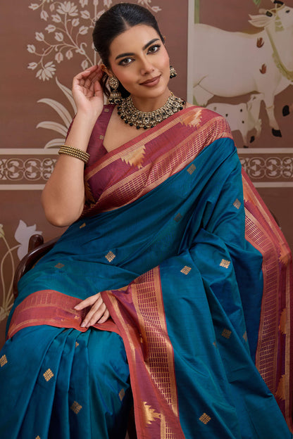 Inimitable Navy Blue Banarasi Tussar Silk Saree With Prettiest Blouse Piece