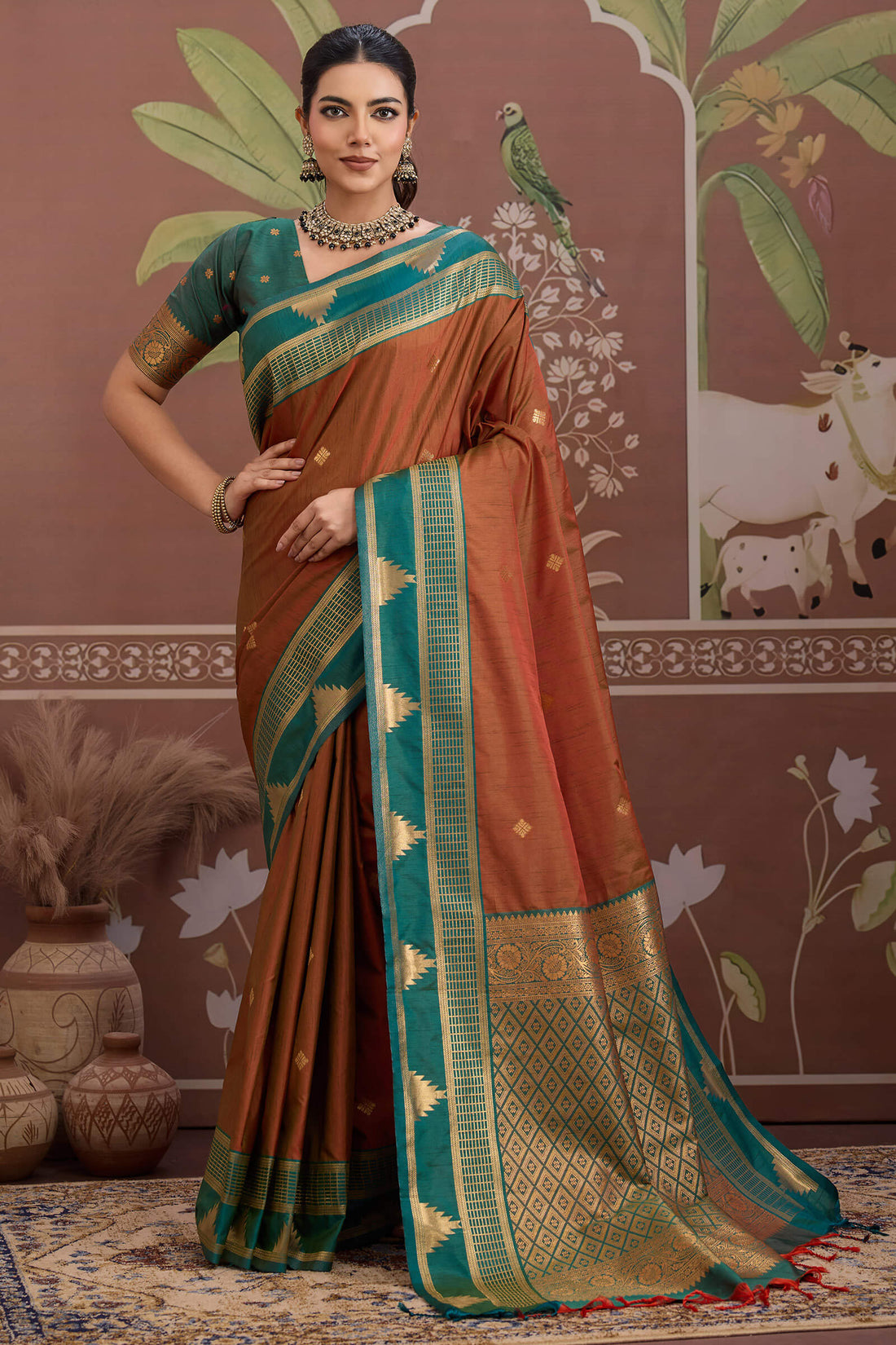 Elegant Brown Banarasi Tussar Silk Saree With Ineffable Blouse Piece