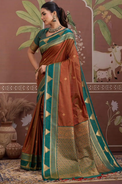Elegant Brown Banarasi Tussar Silk Saree With Ineffable Blouse Piece
