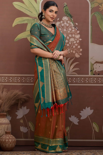 Elegant Brown Banarasi Tussar Silk Saree With Ineffable Blouse Piece