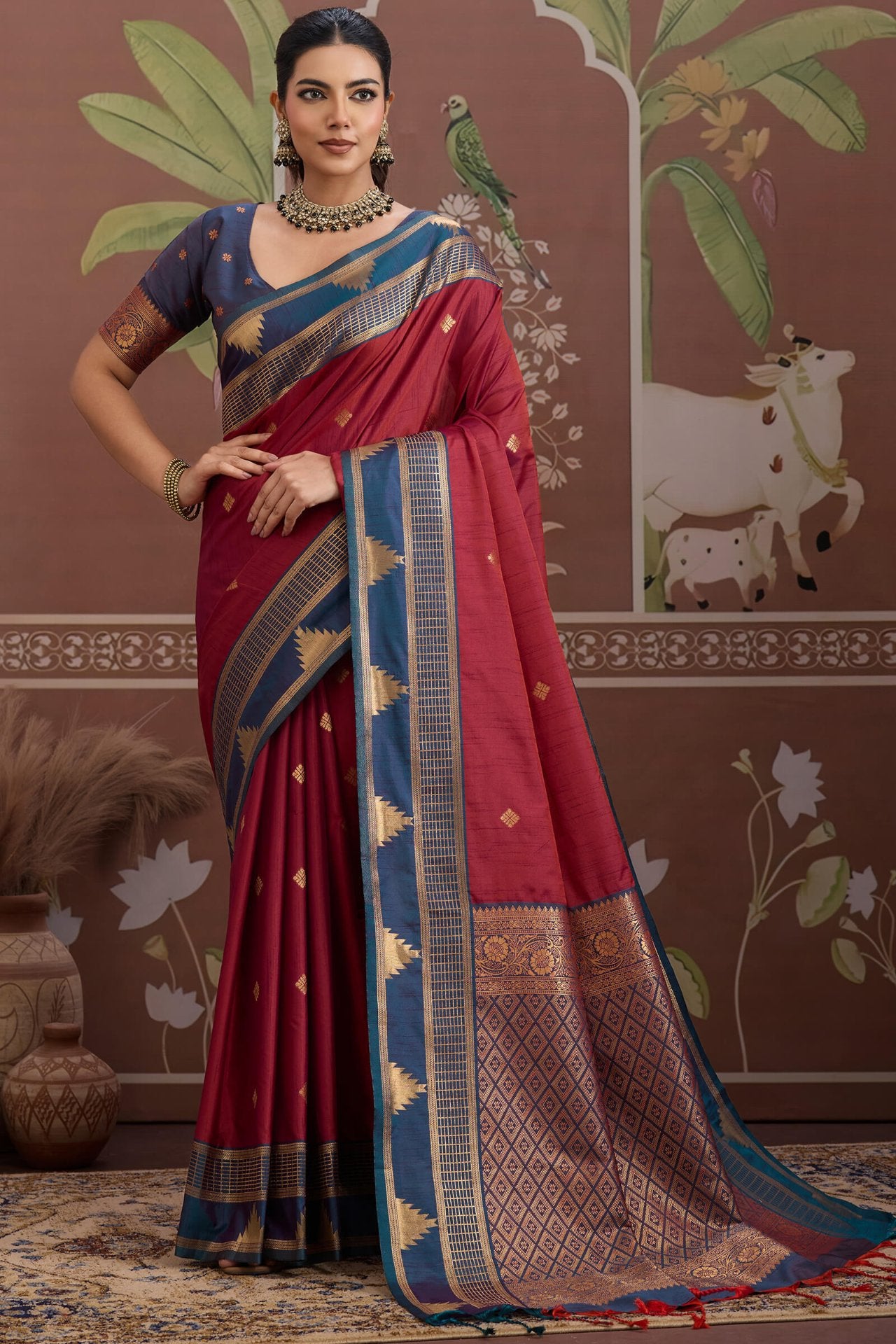 Enchanting Maroon Banarasi Tussar Silk Saree With Jubilant Blouse Piece