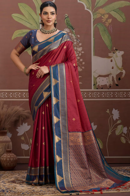 Enchanting Maroon Banarasi Tussar Silk Saree With Jubilant Blouse Piece