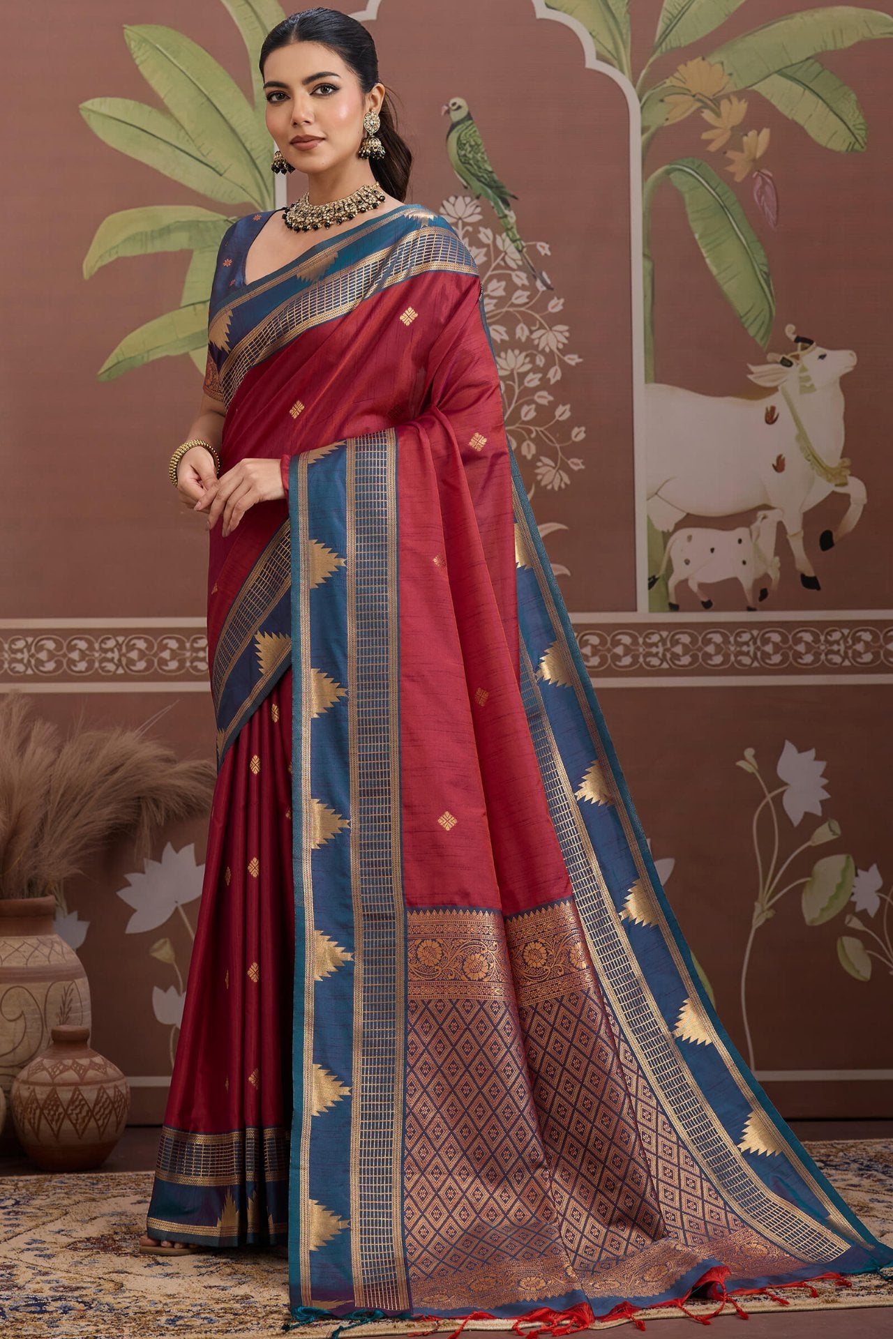 Enchanting Maroon Banarasi Tussar Silk Saree With Jubilant Blouse Piece