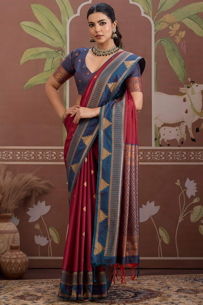 Enchanting Maroon Banarasi Tussar Silk Saree With Jubilant Blouse Piece