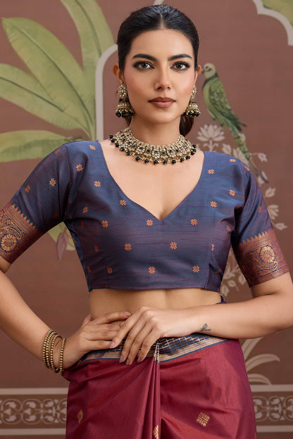 Enchanting Maroon Banarasi Tussar Silk Saree With Jubilant Blouse Piece