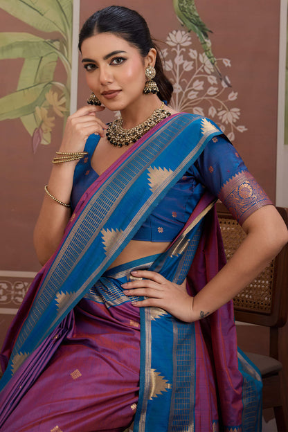 Confounding Lavender Banarasi Tussar Silk Saree With Flattering Blouse Piece
