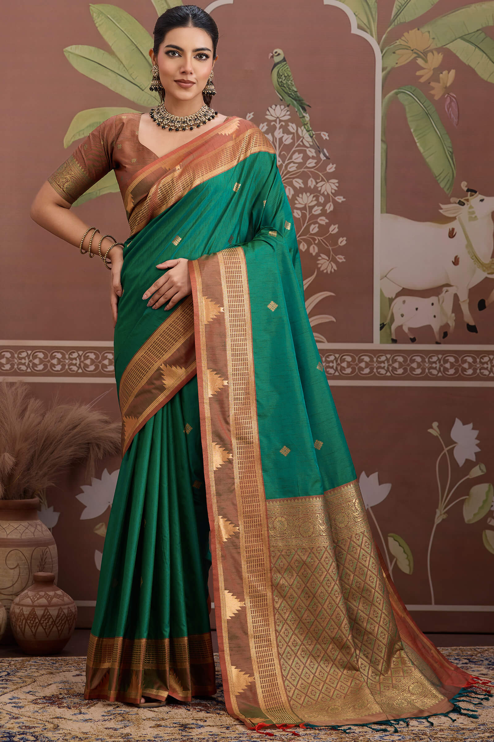 Nemesis Green Banarasi Tussar Silk Saree With Vivacious Blouse Piece