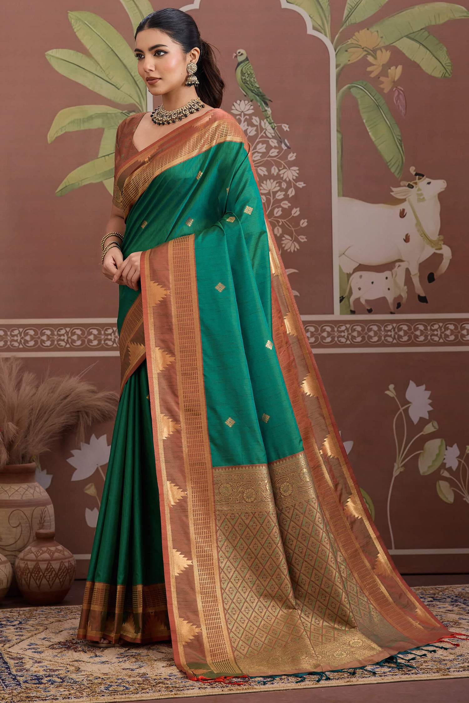 Nemesis Green Banarasi Tussar Silk Saree With Vivacious Blouse Piece