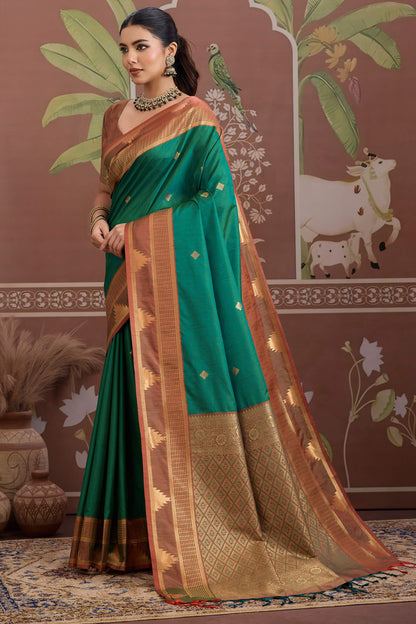 Nemesis Green Banarasi Tussar Silk Saree With Vivacious Blouse Piece