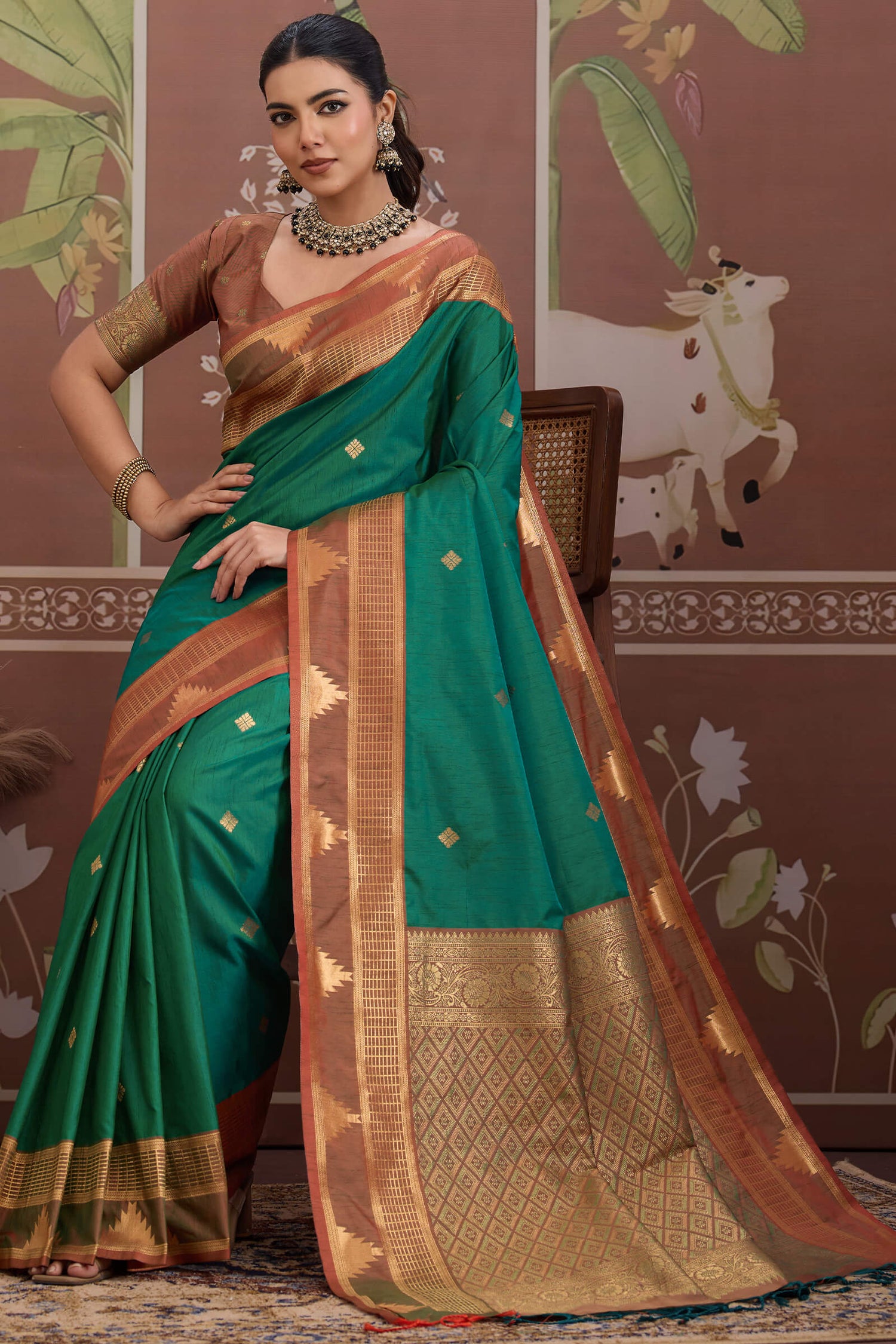 Nemesis Green Banarasi Tussar Silk Saree With Vivacious Blouse Piece
