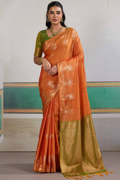 Seraphic Orange Banarasi Tussar Silk Saree With Extraordinary Blouse Piece