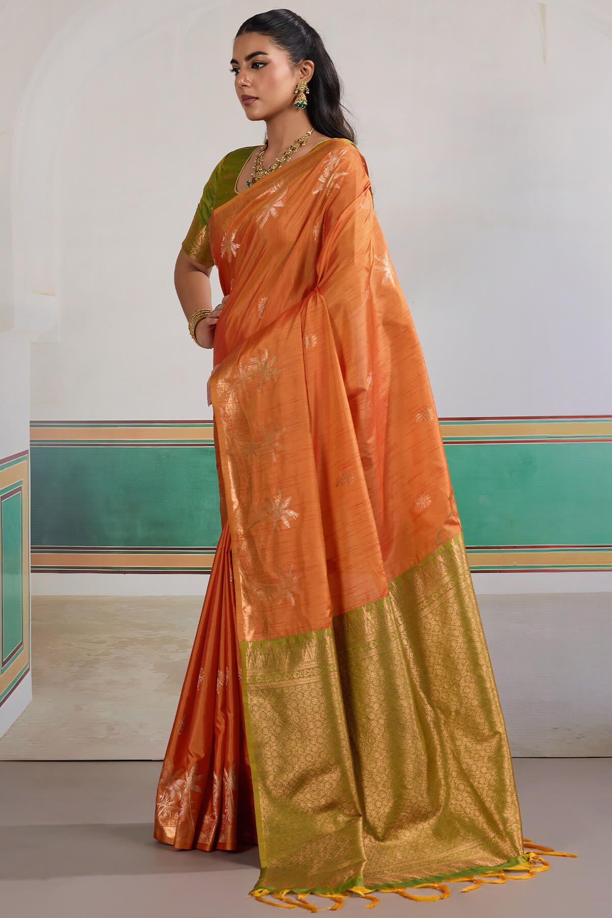 Seraphic Orange Banarasi Tussar Silk Saree With Extraordinary Blouse Piece