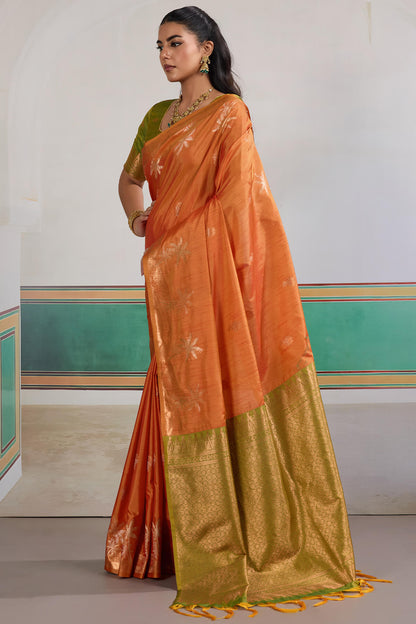 Seraphic Orange Banarasi Tussar Silk Saree With Extraordinary Blouse Piece