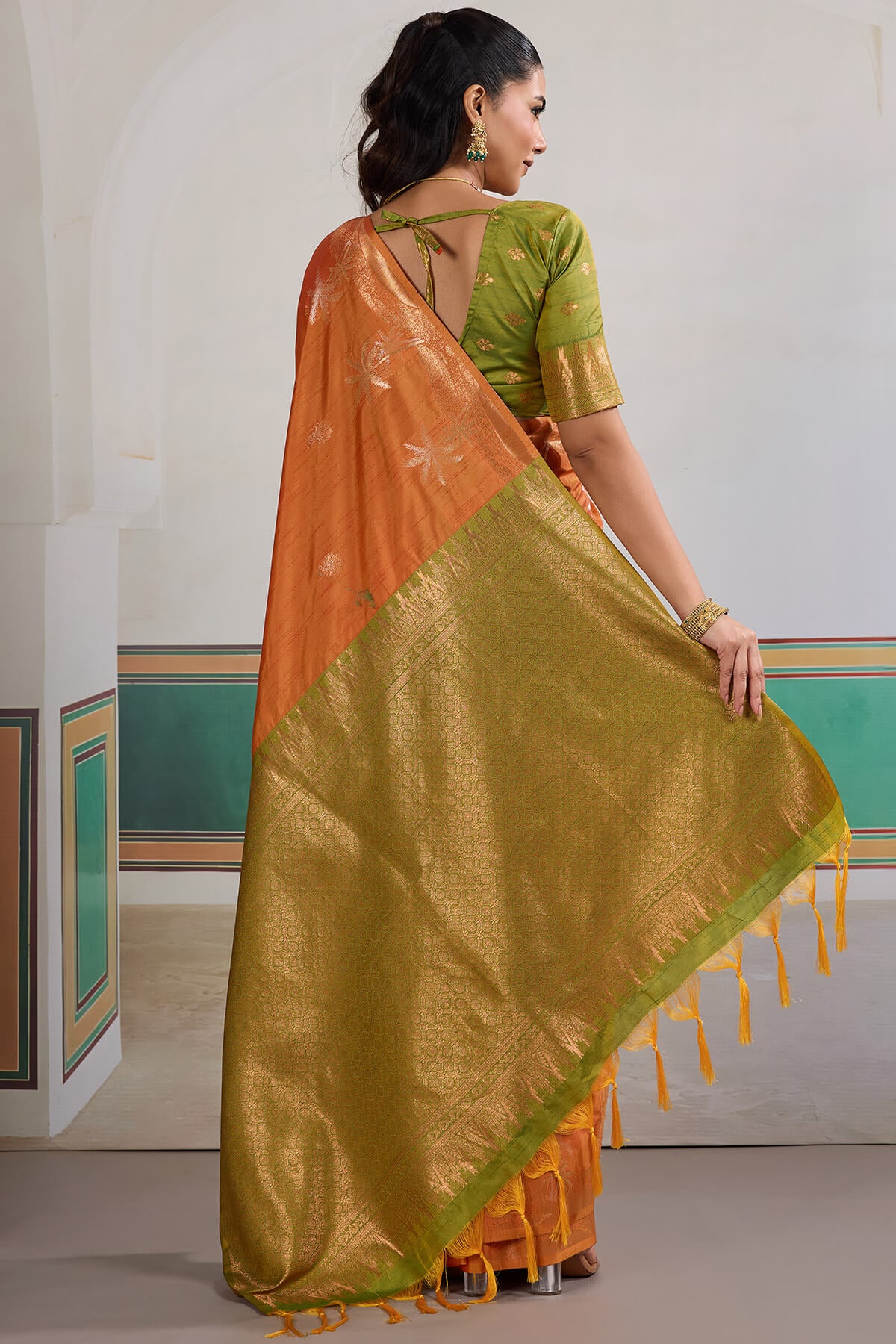 Seraphic Orange Banarasi Tussar Silk Saree With Extraordinary Blouse Piece