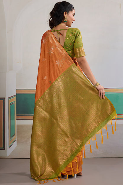 Seraphic Orange Banarasi Tussar Silk Saree With Extraordinary Blouse Piece