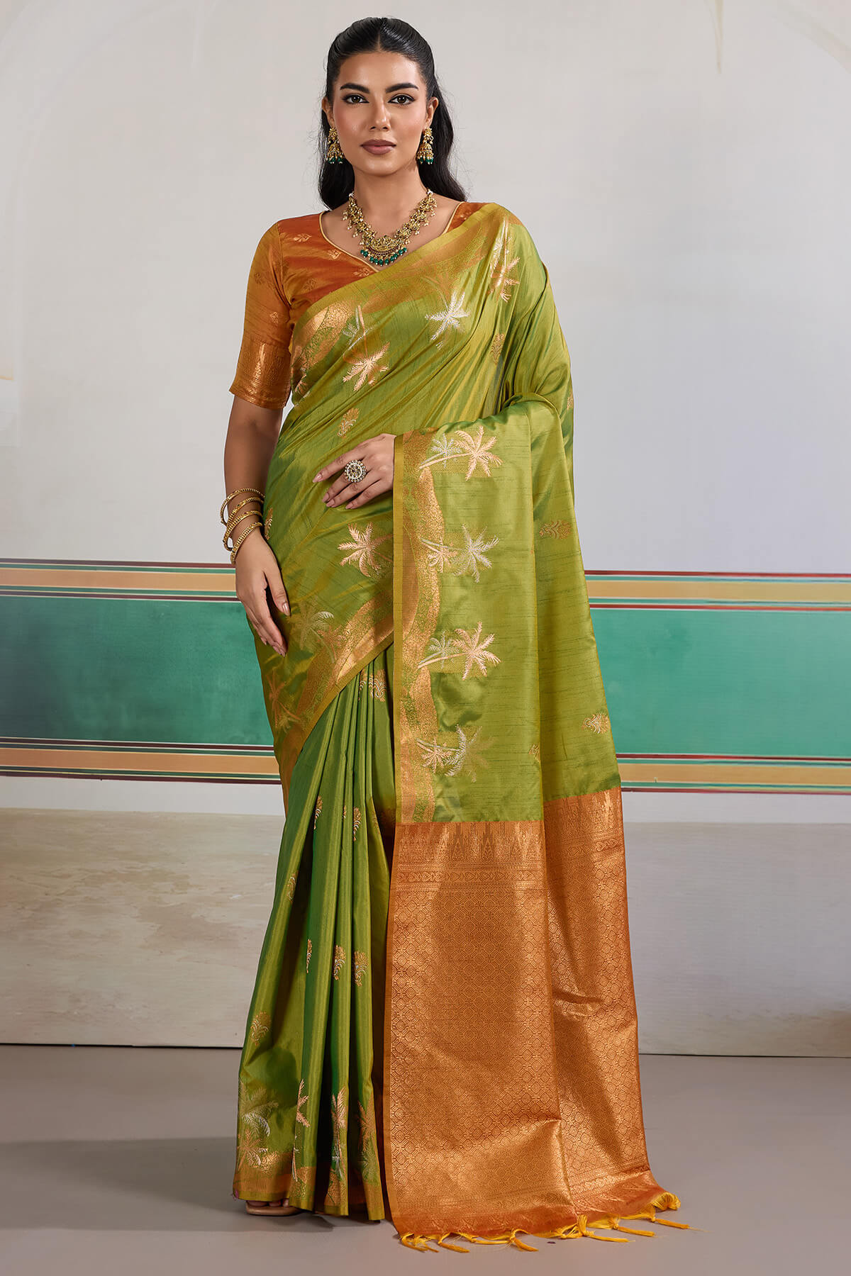 Deserving Green Banarasi Tussar Silk Saree With Magnificat Blouse Piece