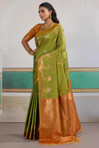 Deserving Green Banarasi Tussar Silk Saree With Magnificat Blouse Piece