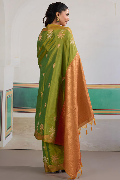 Deserving Green Banarasi Tussar Silk Saree With Magnificat Blouse Piece