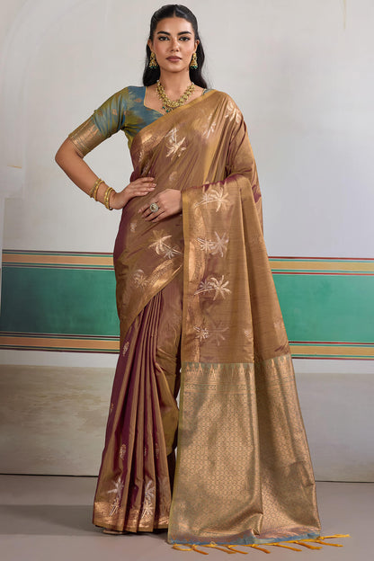 Magnetic Brown Banarasi Tussar Silk Saree With Bewitching Blouse Piece