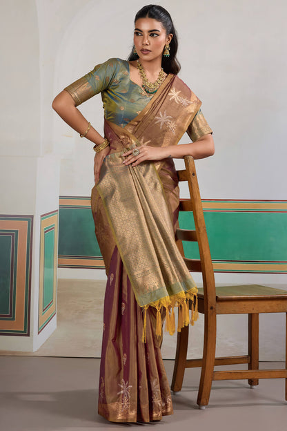 Magnetic Brown Banarasi Tussar Silk Saree With Bewitching Blouse Piece