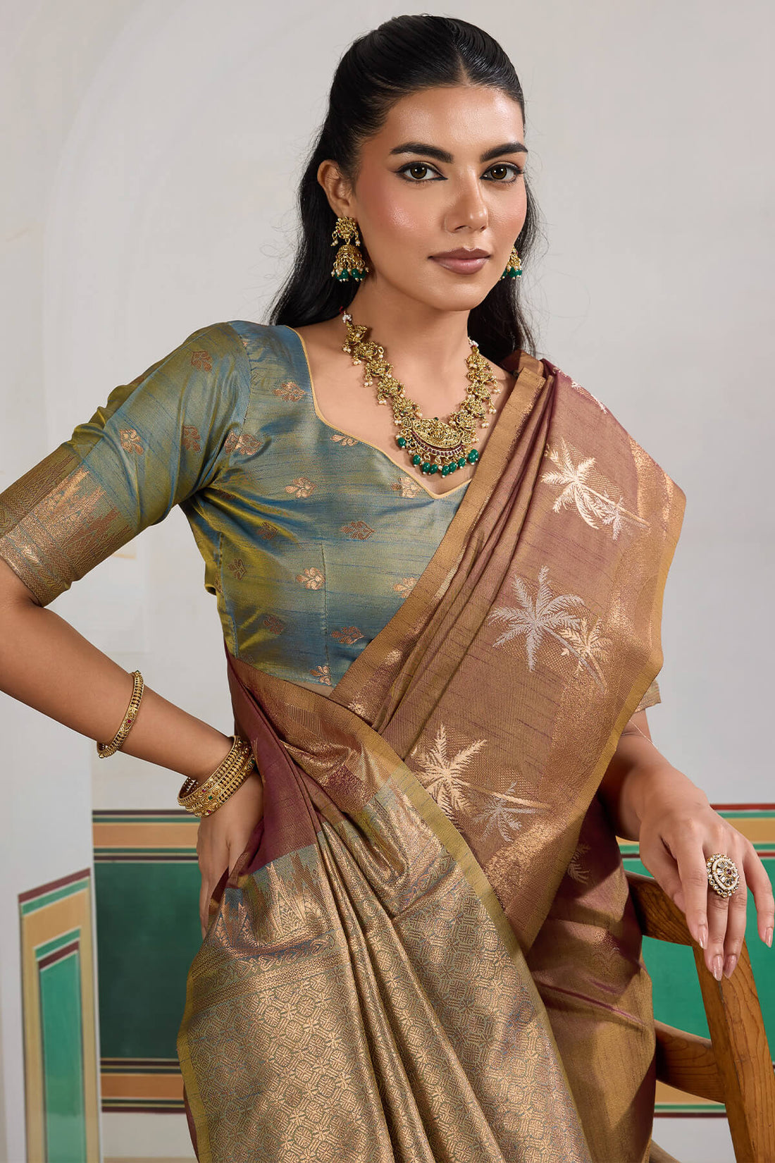 Magnetic Brown Banarasi Tussar Silk Saree With Bewitching Blouse Piece