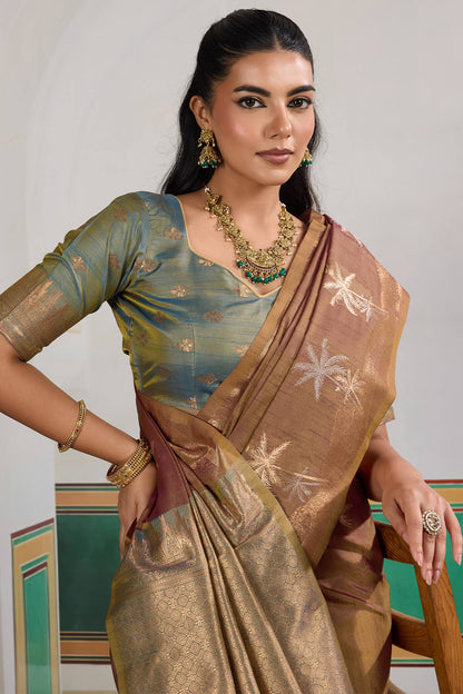 Magnetic Brown Banarasi Tussar Silk Saree With Bewitching Blouse Piece