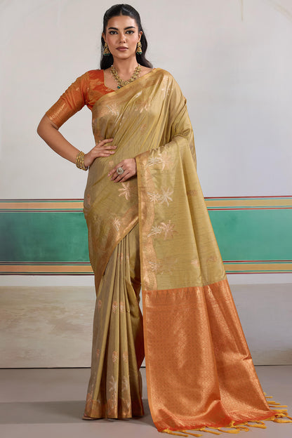 Supernal Beige Banarasi Tussar Silk Saree With Artistic Blouse Piece