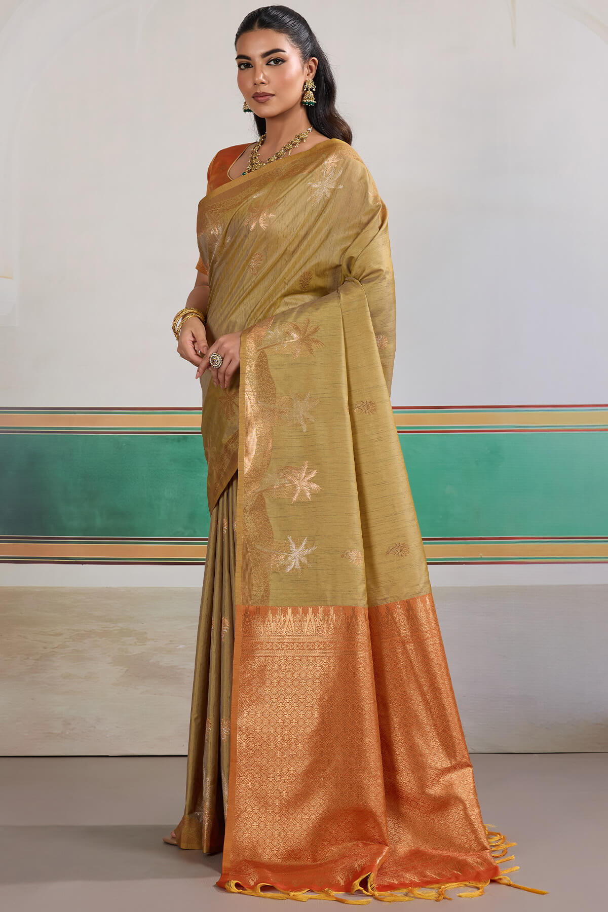 Supernal Beige Banarasi Tussar Silk Saree With Artistic Blouse Piece