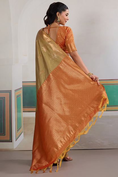 Supernal Beige Banarasi Tussar Silk Saree With Artistic Blouse Piece