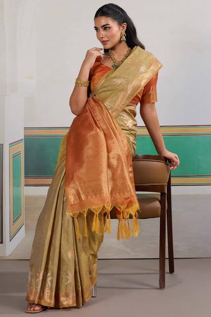 Supernal Beige Banarasi Tussar Silk Saree With Artistic Blouse Piece