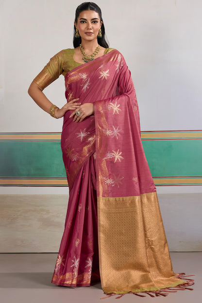 Resplendent Dark Pink Banarasi Tussar Silk Saree With Marvellous Blouse Piece