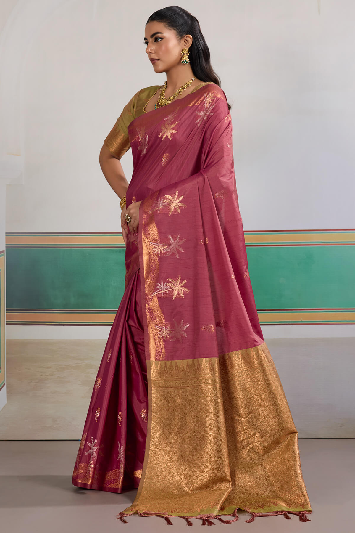 Resplendent Dark Pink Banarasi Tussar Silk Saree With Marvellous Blouse Piece