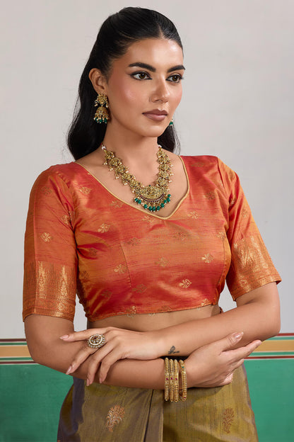 Epiphany Mustard Banarasi Tussar Silk Saree With Gleaming Blouse Piece