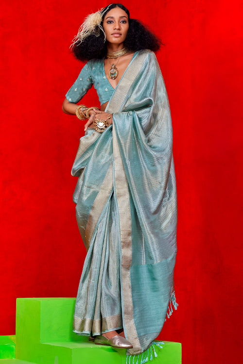 Load image into Gallery viewer, Sizzling Firozi Soft Banarasi Silk Saree With Unique Blouse Piece
