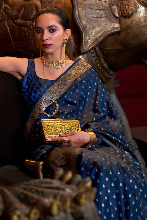 Load image into Gallery viewer, Resplendent Navy Blue Banarasi Satin Silk Saree With Enigmatic Blouse
