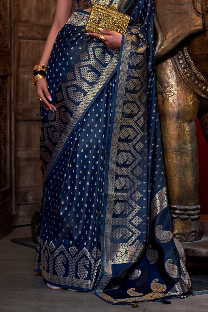 Resplendent Navy Blue Banarasi Satin Silk Saree With Enigmatic Blouse