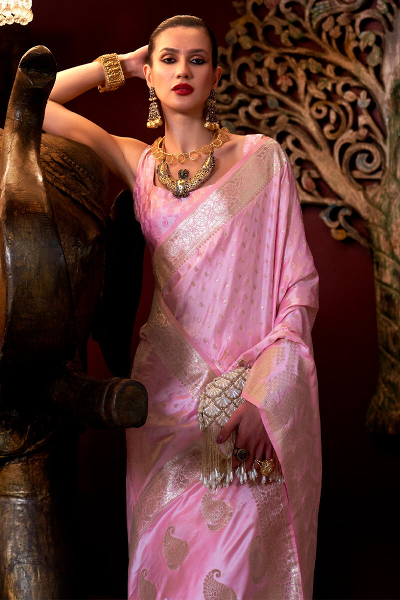 Winsome Baby Pink Banarasi Satin Silk Saree With Enthralling Blouse