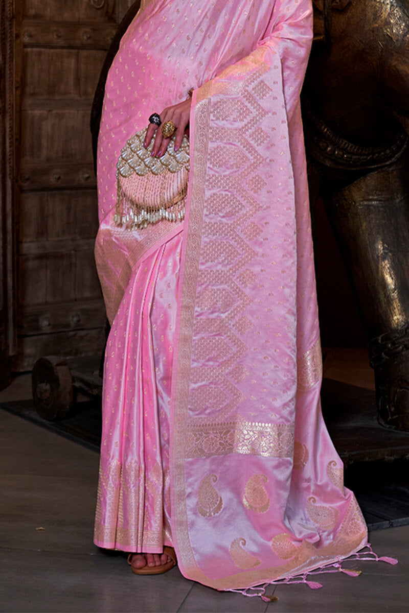 Winsome Baby Pink Banarasi Satin Silk Saree With Enthralling Blouse